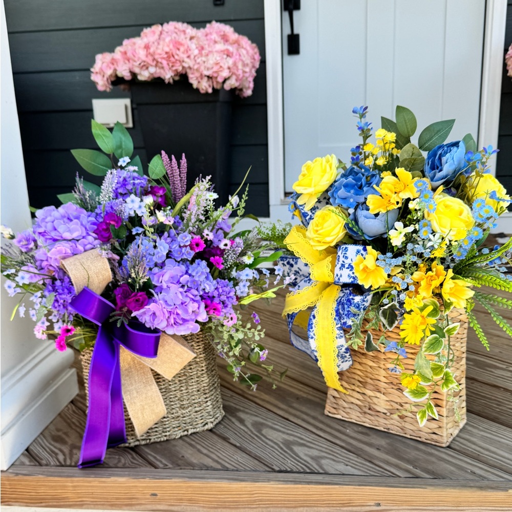 Set of Purple & Blue Mixed Floral Arrangement in Woven Baskets